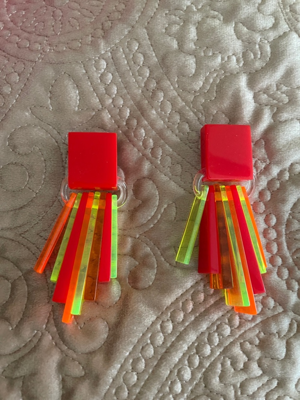 Monies Neon Red Acrylic Fringe Earrings with Multi-Color Strips